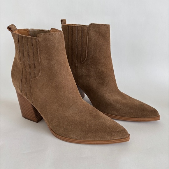 Marc Fisher womens tan leather pointed toe pull on Oshay heeled boots size 13 - Picture 1 of 10